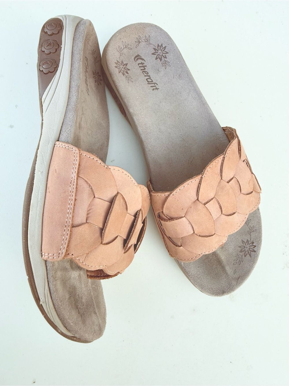 Therafit Delilah Rose Leather Woven Slide Sandals size 7 Orthotic Comfort